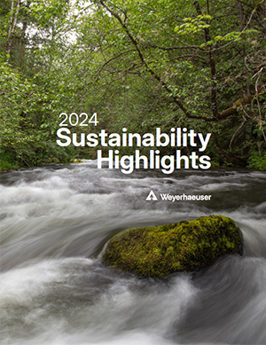 2023-2024 Sustainability Highlights Image of the 2024-25 Sustainability Highlights cover, with a field of trees in the foreground and a mountain in the background.