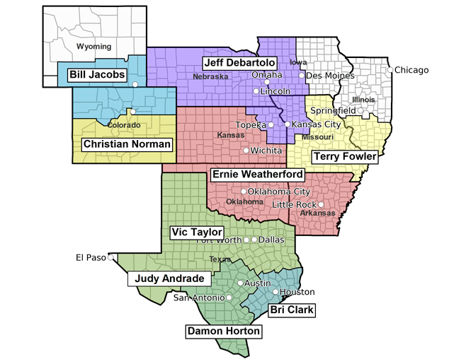 Map of South Central Region Territory Managers