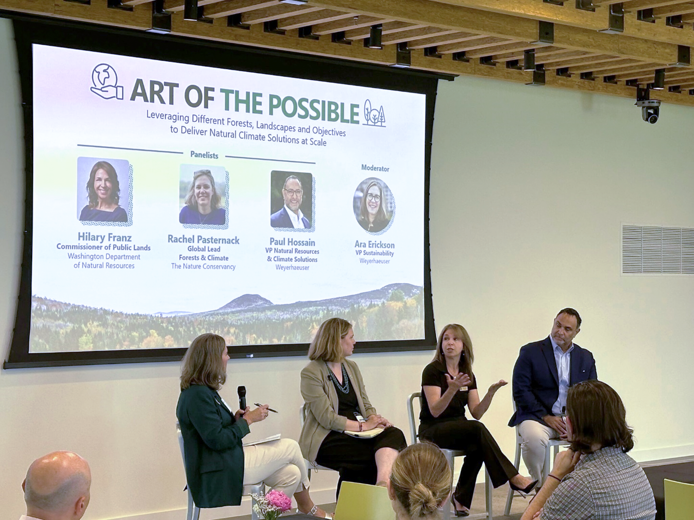 Image of a panel at the Bloomberg Green Festival, with Washington Commissioner of Public Lands Hilary Franz making a point.