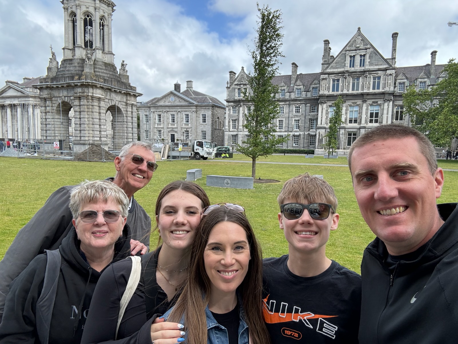 Image of Leta and her family at Trinity College in Dublin, Ireland. 