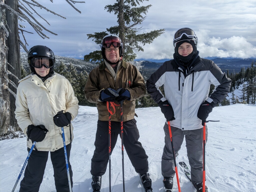Image of Matt, Sheila and Richard skiing at Mt. Bachelor near Bend, Ore.